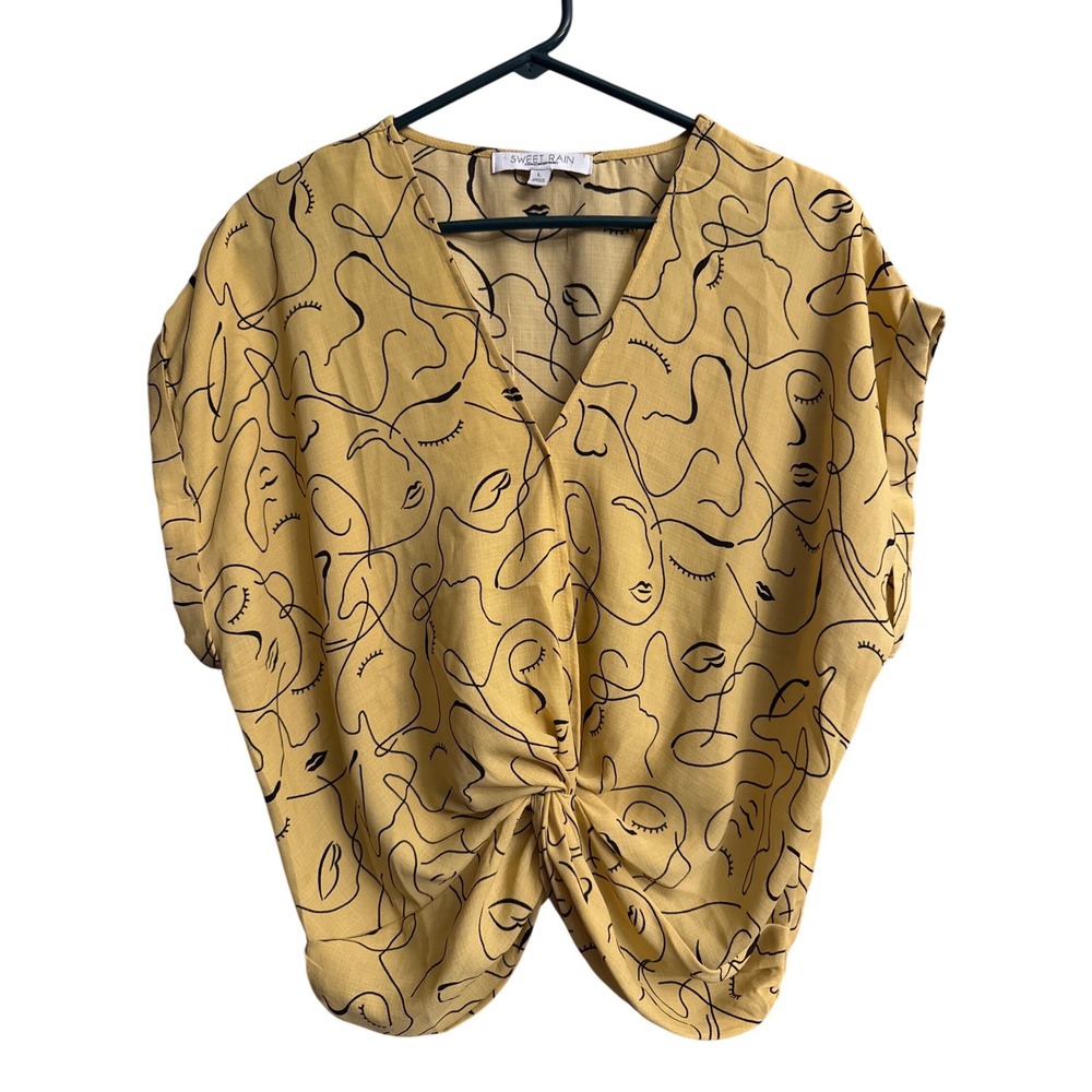 Sweet Rain Mustard Yellow Abstract Face Print Twist Front V-Neck Blouse Large